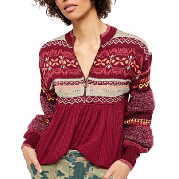 Free People Sweaters - NWT Free People Fair Isle Zip Sweater Top Wine S